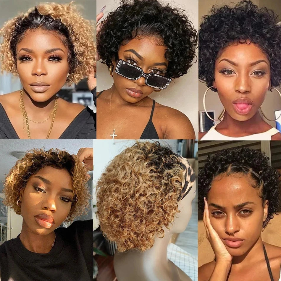 Ombre 1B/27 Pixie Cut Wigs Human Hair Curly Brazilian Virgin Hair 13x1 Transparent Lace Front Short Bob 180% Density