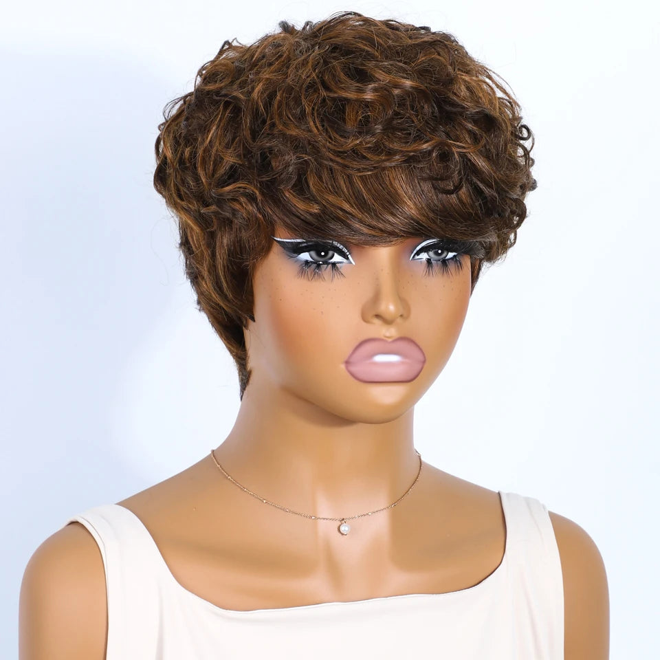 Rebecca P1B/30 Brown Pixie Cut Wig | Curly Side Part Brazilian Human Hair Luxegan