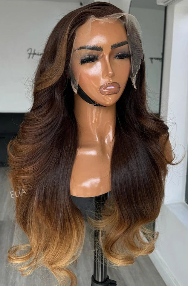 32 Inch Ombre Brown Body Wave Wig | 13x4 Transparent Lace Front Peruvian Remy Human Hair (On Sale) Luxegan