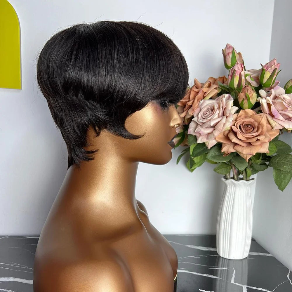 Short Pixie Cut Wig Human Hair | Machine Made Wig with Bangs | Brazilian Remy Hair | Pixie Wig for Black Women