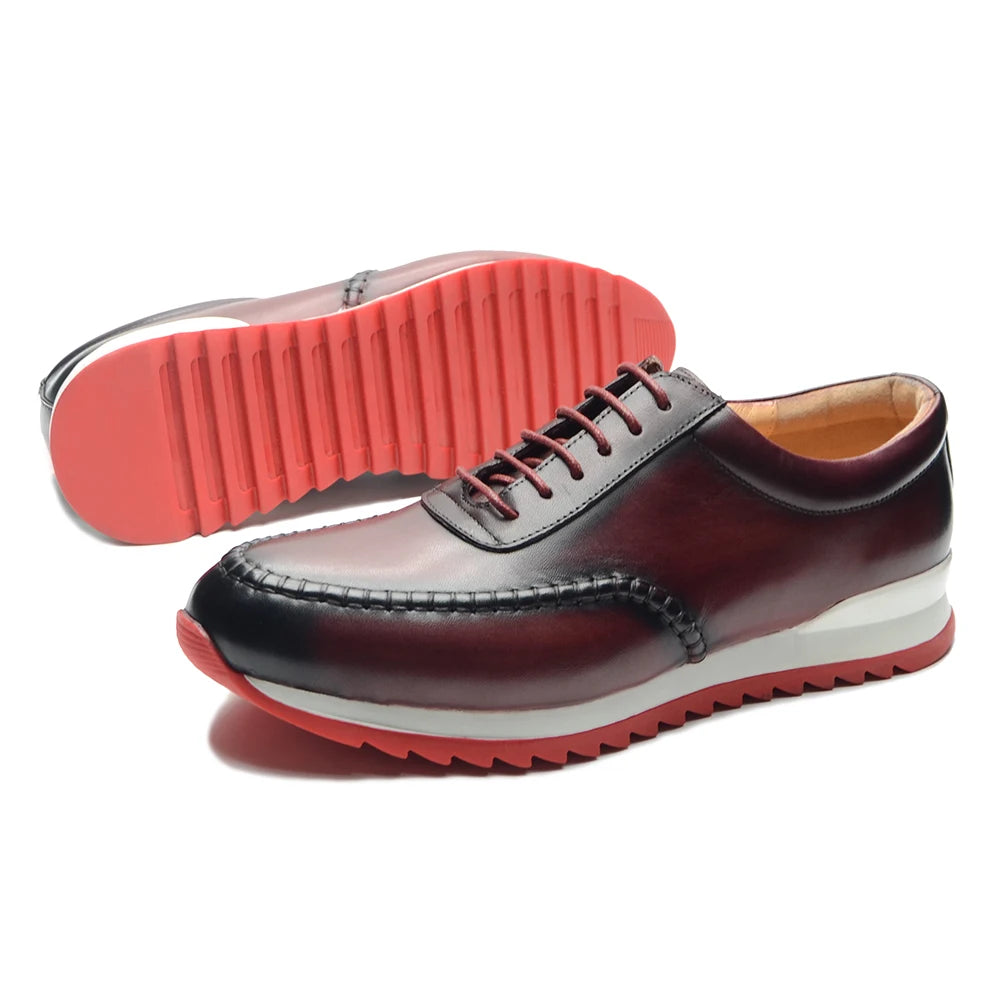 Classy Men's Genuine Leather Low Top Sneakers | Red Bottom Lace-Up Casual Dress Shoes (Breathable) Luxegan