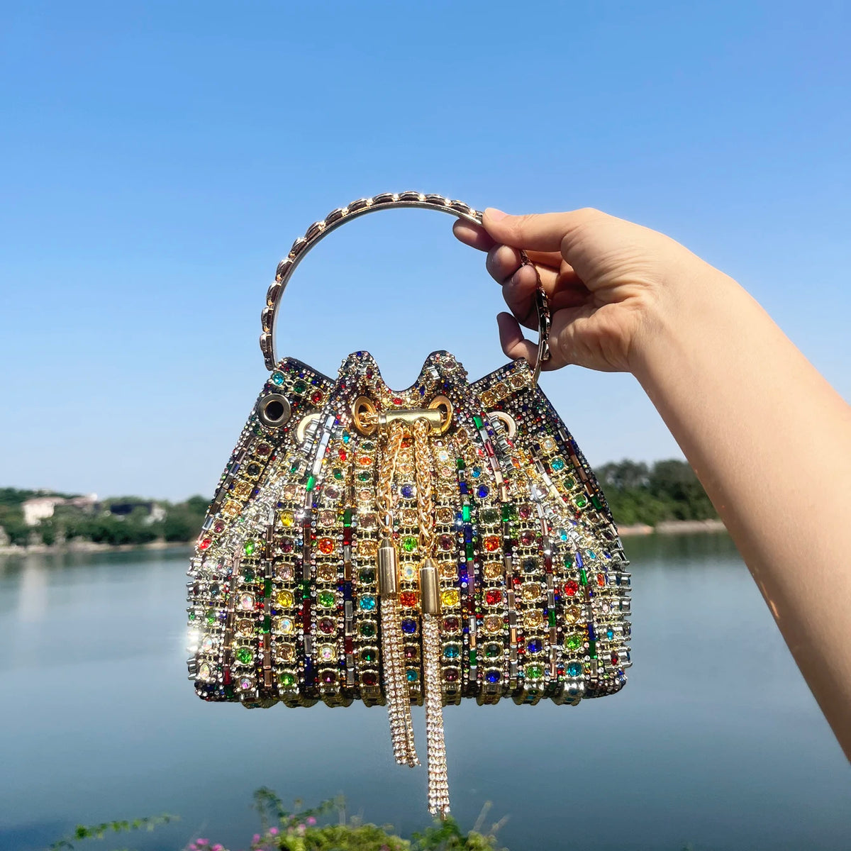 Polyester Fashion Bucket Clutch | Luxury Designer Rhinestone Evening Bag Luxegan