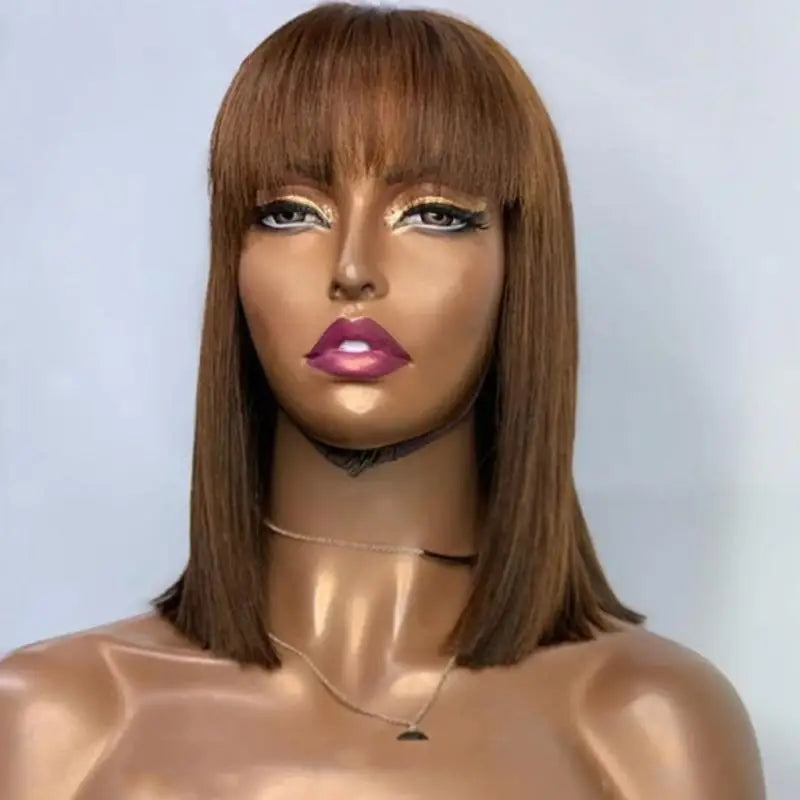 Sleek Bone Straight Short Bob Human Hair Wig with Bangs | Glueless Full Machine-Made Brazilian Remy Human Hair Wig | Classic Fringe Bob for Women (8-14 Inch, Natural Color / #99J Burgundy / Warm Brown) Luxegan