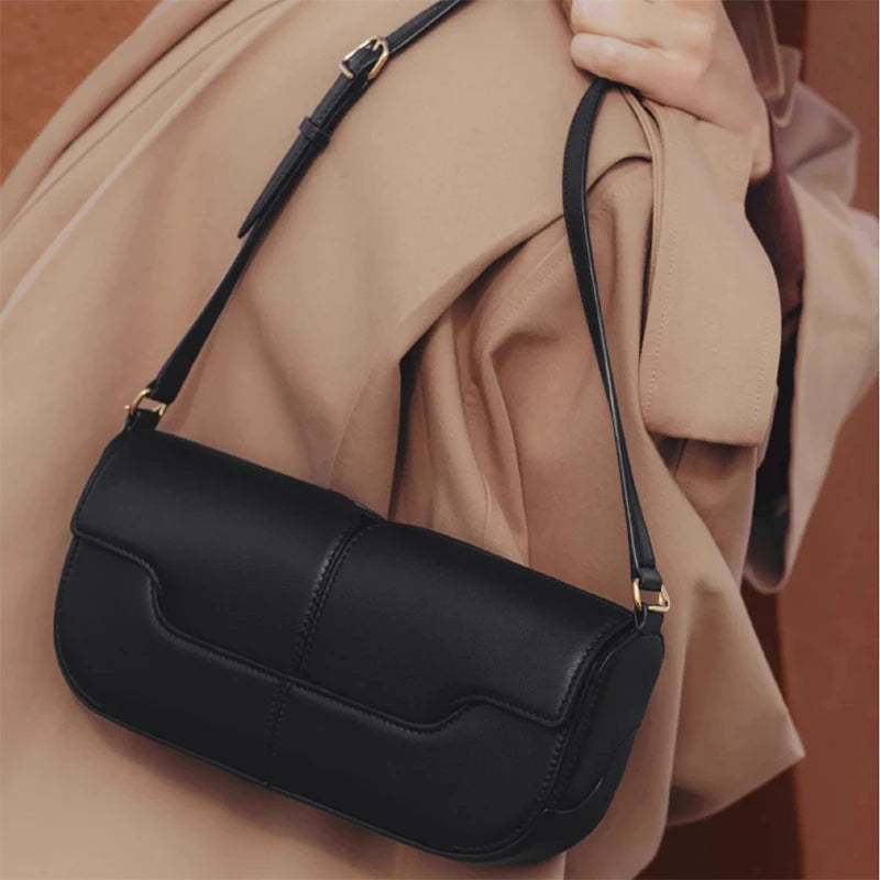 French Chic Compact Horizontal Saddle Bag | Luxury Woman Shoulder Underarm Stick Bag (Classic Long Clutch & Handbag) Luxegan