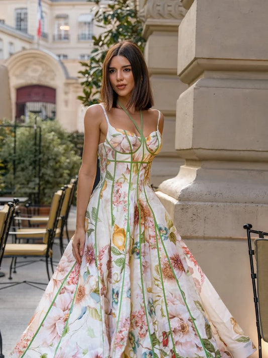 Women's Printed Sleeveless Halter Maxi Dress | Elegant Waist-Cinching A-Line Vacation Dress | Summer Lady Tie-Dye Ankle-Length Streetwear | Slim Fit Premium All-Season Vestido Luxegan