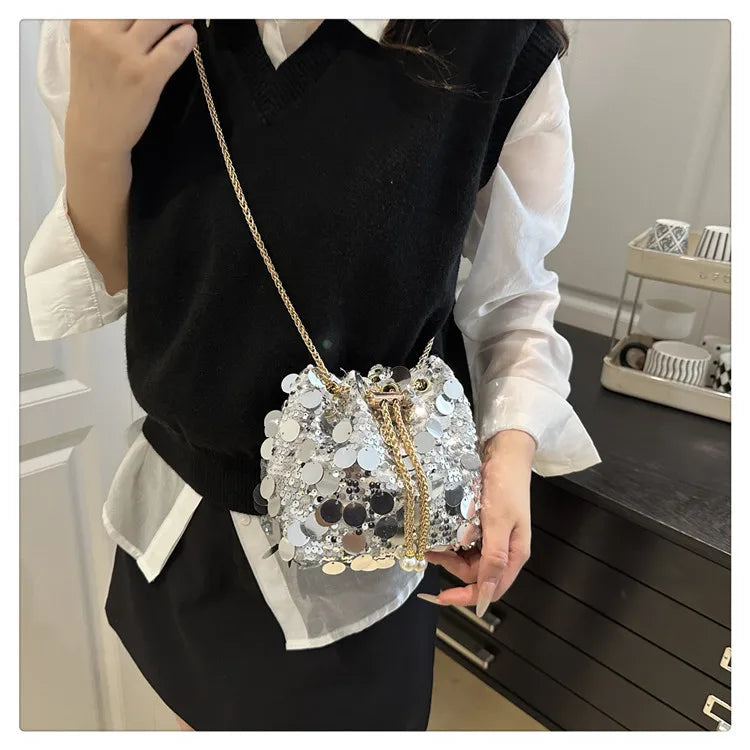 Sequin Chain Women's Portable Bucket Shoulder Bags | Retro Ladies Dinner Party Clutch Purse Luxury Design Female Crossbody Bag Luxegan