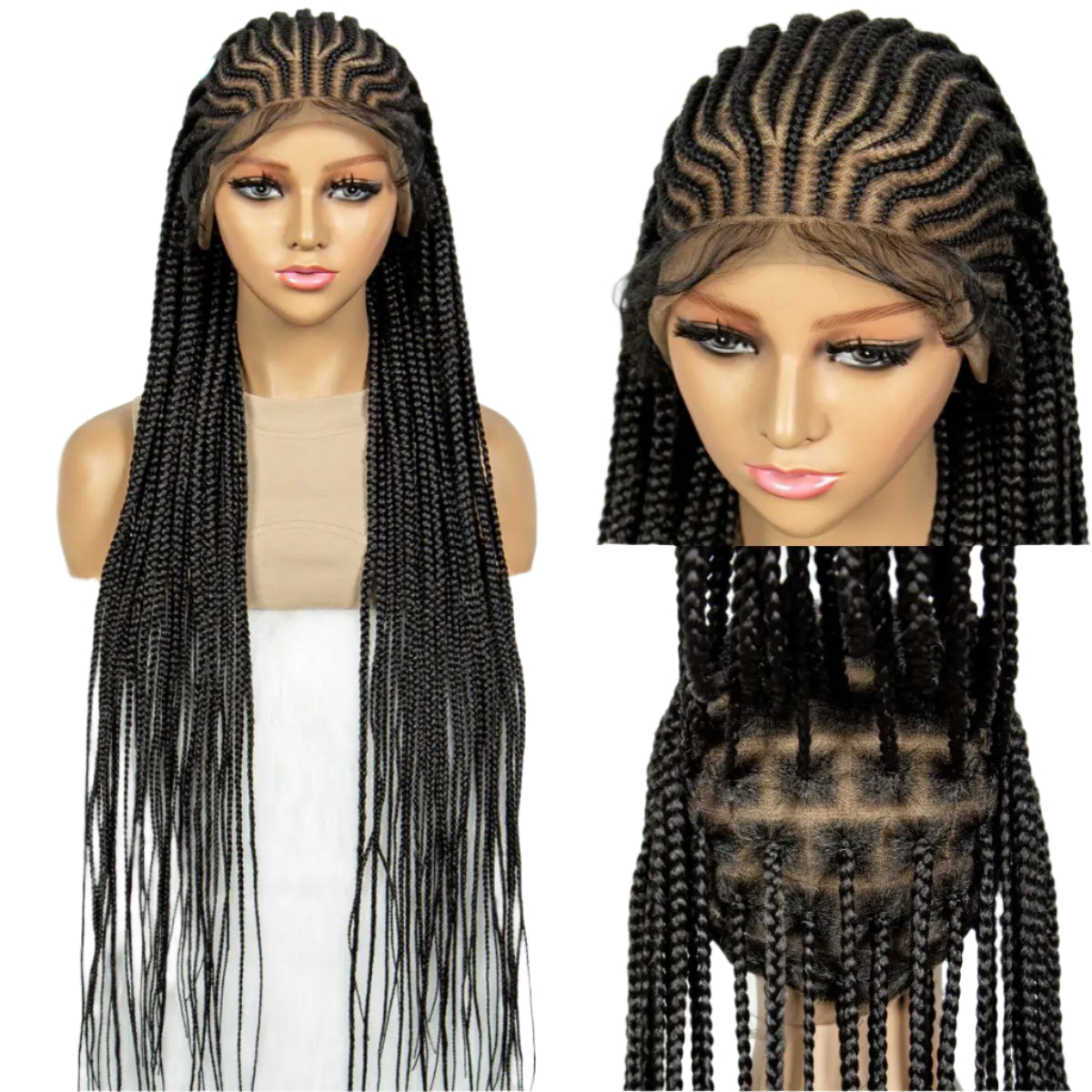 34" Handmade Cornrow Braided Wig | Full Lace Knotless Box Braids | Baby Hair | Transparent Lace | Black Women