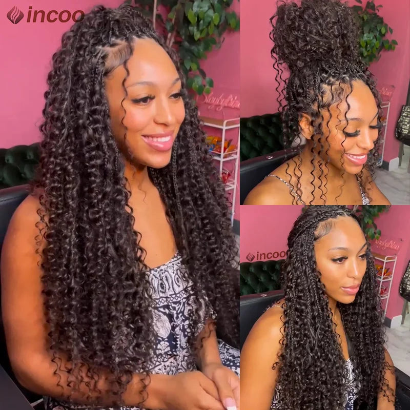 Long 32 Boho Braided Full Lace Front Wigs Synthetic Blonde Curly Goddess Locs Cornrows Wigs Pre Plucked Baby Hair Box Braids Wig Luxegan
