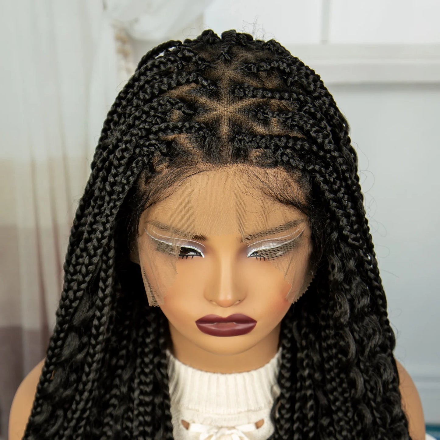 32 Inch Natural Curly Boho Box Braids Wig - Knotless - Full Lace - Synthetic - with Baby Hair Luxegan