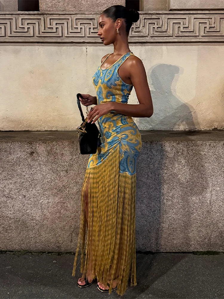 Fringe Print Slip Maxi Dress – Tassel, Patchwork, Sleeveless Beach Dress Luxegan