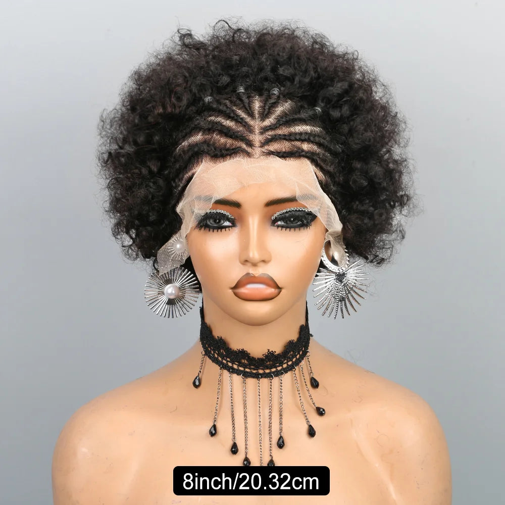 Short Afro Puff Braided Wig | 13x4 Lace Front Human Hair | Pre-Braided Cornrow Wig Luxegan