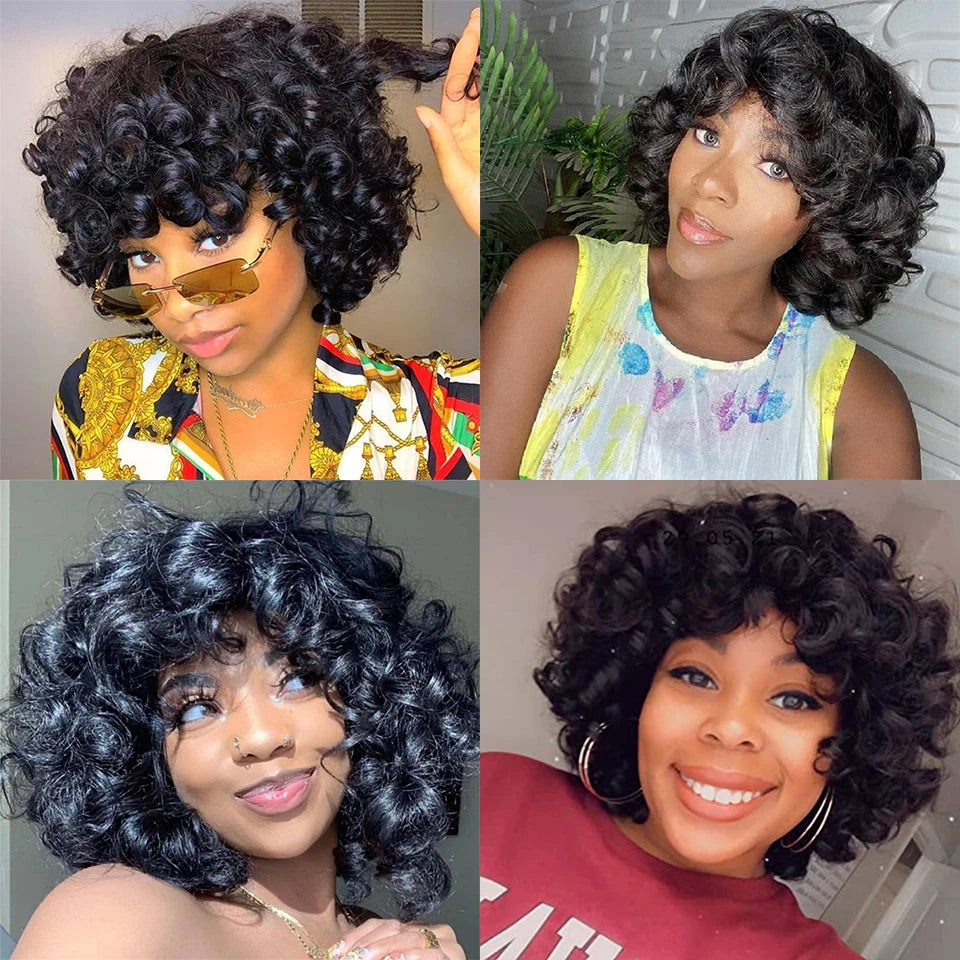 Short Curly Bob Wig Human Hair with Bangs - Glueless Funmi Curly Wig, Brazilian Remy Hair, Ready to Go