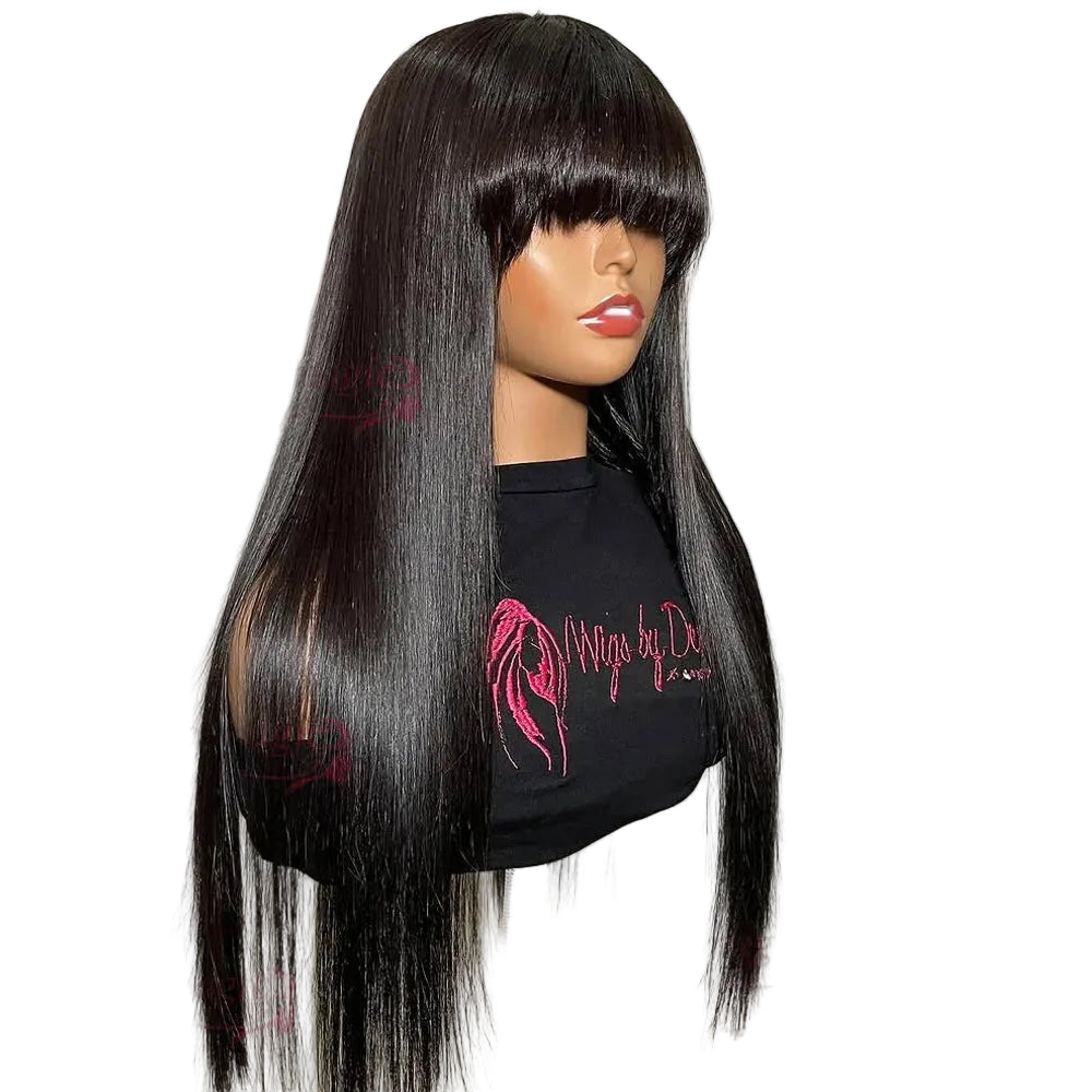 Raw Indian Bone Straight Human Hair Wig | Sophisticated 4x4 Lace Closure Middle Part | Elegant "Brazilian Virgin" 30–32 Inch Length | "Dignified" Glueless Wear-and-Go Wig with Bangs for Radiant Versatile Styling Luxegan