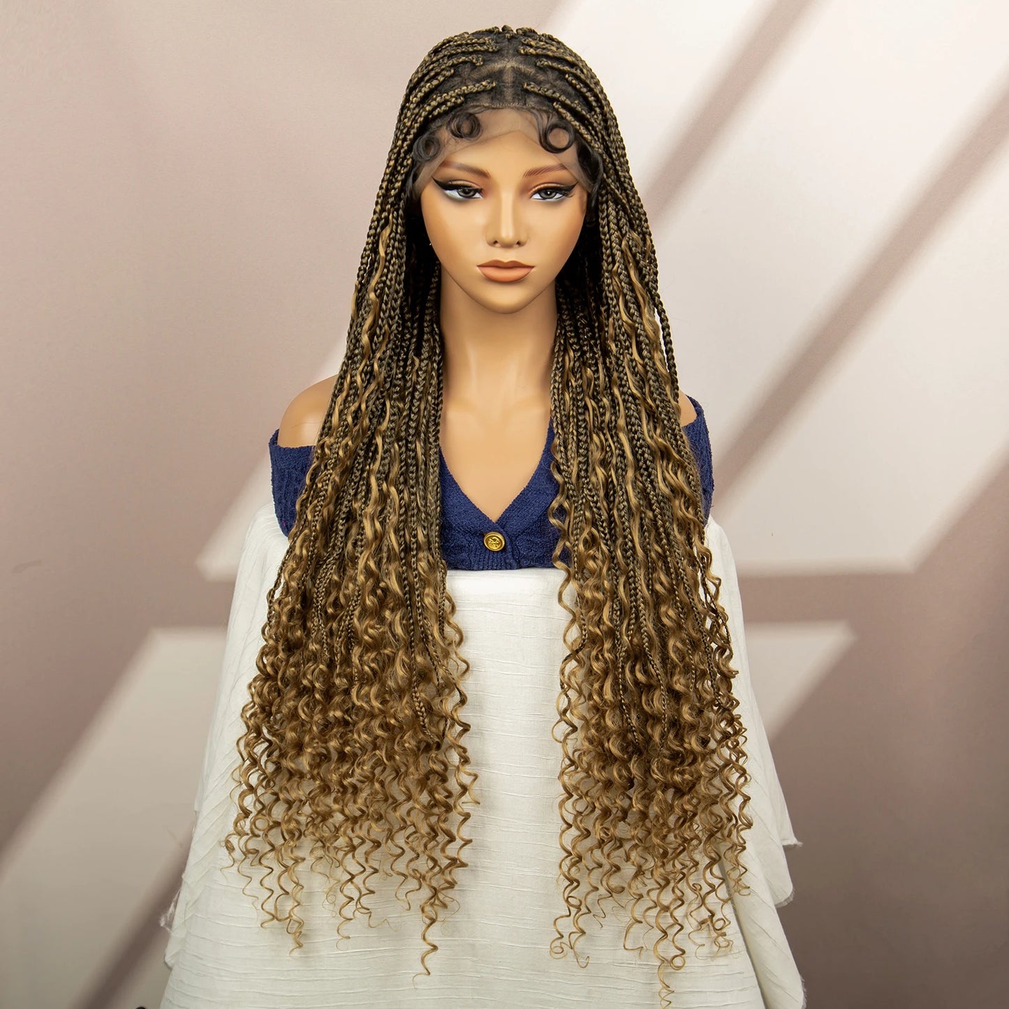 Boho Box Braided Wig with Curly Hair | Goddess Locs Accents | Full Lace Brown Braids Wig | Bohemian Box Braid Wig