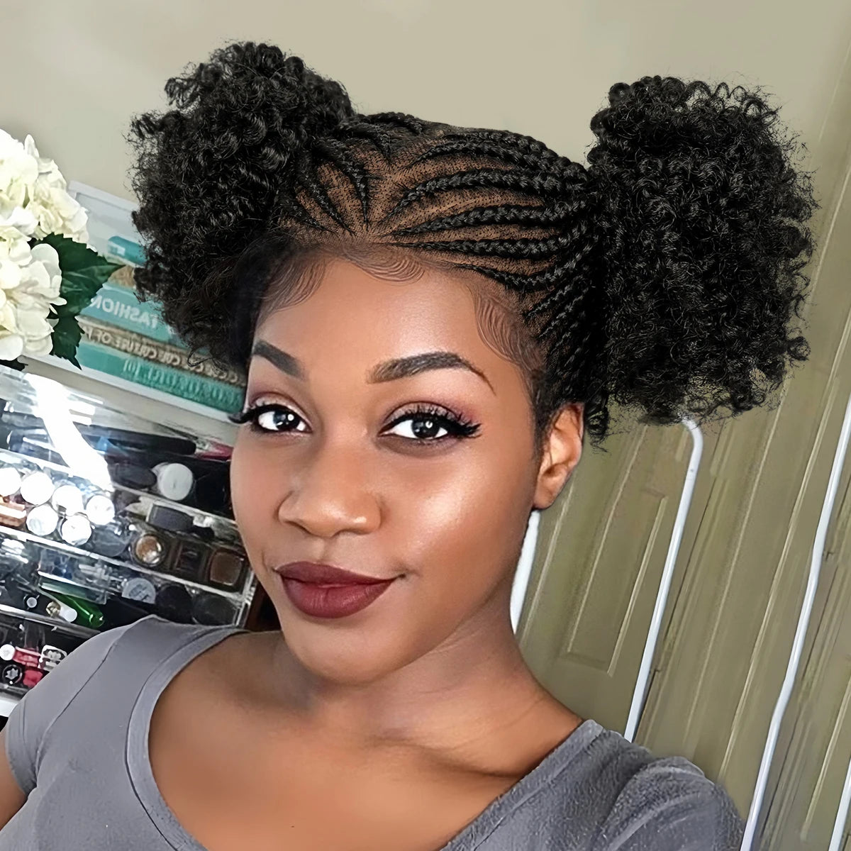 HD Full Lace Cornrow & Box Braid Wig with Double Buns | Transparent Lace Synthetic Hair for Black Women & Girls Luxegan