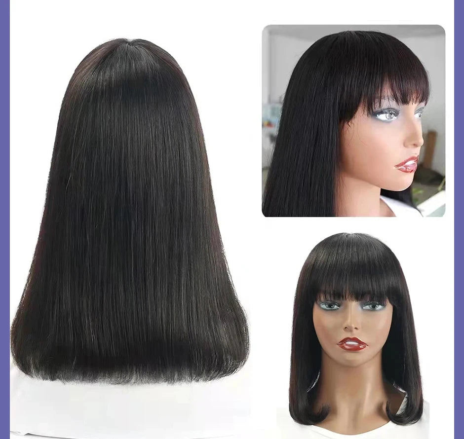 Short Straight Bob Wig with Bangs | "Put On & Go" Human Hair for Black Women (On Sale) Luxegan