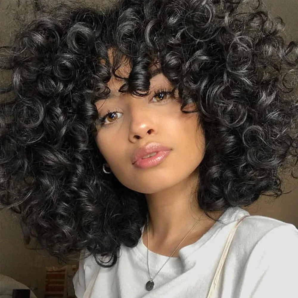 Short Bouncy Curly Bob Wig with Bangs | Glueless Human Hair Wig | Brazilian Remy Hair