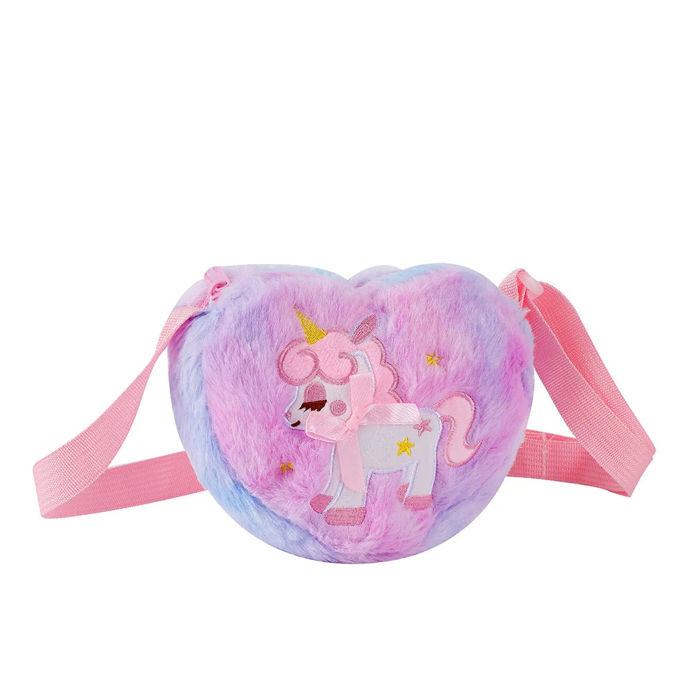 Cute Unicorn Plush Heart Messenger Bag | Girls' Faux Fur Half-Moon Crossbody | Soft Animal Print Coin Purse & Wallet | Magical Kids' Gift Small Shoulder Backpack Luxegan