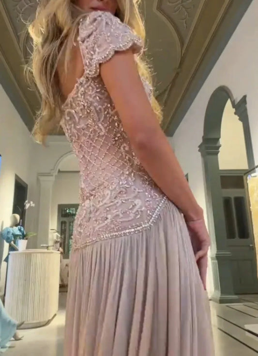 Aunber Vestido de noche rosa nude de lujo con línea A, mangas casquillo, pedrería y lazo de cristal para ocasiones formales, personalizado