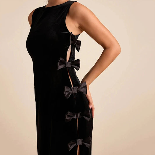 Bow Side-Split Straight Evening Gown | O-Neck Sleeveless Ankle-Length Prom Dress - view 2