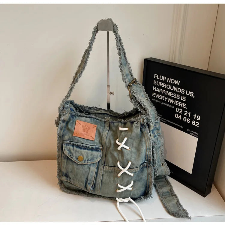 Washed Denim Shoulder Bag for Women Handbags | Large Capacity Female Messenger Bags | Soft Jeans Casual Big Totes Shopping Bag Luxegan