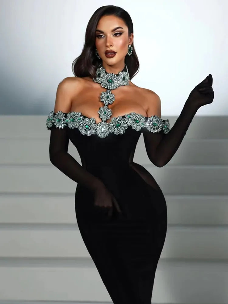 Women's Celebrity Black Bandage Maxi Dress | Sexy Diamonds Crystal Evening Gown | Elegant Off-The-Shoulder Bodycon Party Dress | Premium High Stretch Knit Slim Fit Floor-Length Luxegan
