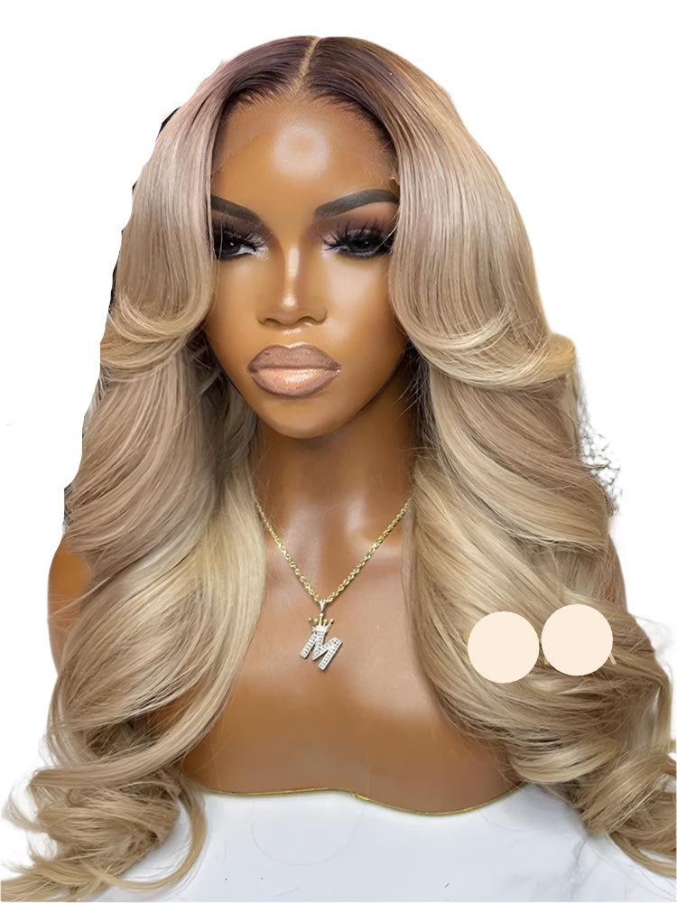 Ombre Ash Honey Blonde 13x6 Transparent Lace Frontal Wig | Dark Root Body Wave Human Hair Luxegan