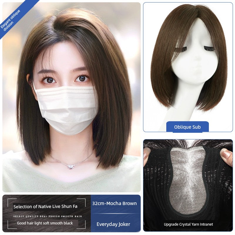 Natural Full-Head Human Hair Wig | Classy Collarbone Length Short Straight Wig with Oblique Bangs for Women (Sweet & Lovely, Elegant Style) Luxegan