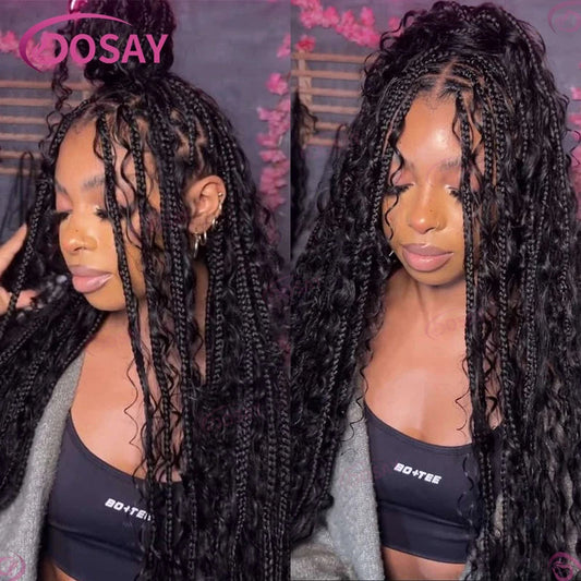 Boho Box Braided Wigs Synthetic Curly Wig Full Lace Front Wigs For Women 32" Goddess Braids Wig African Bohemian Braiding Hair Luxegan