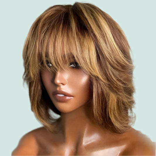 Honey Blonde Highlight Bob Wig with Bangs - Brazilian Remy Human Hair Scalp Top Wig