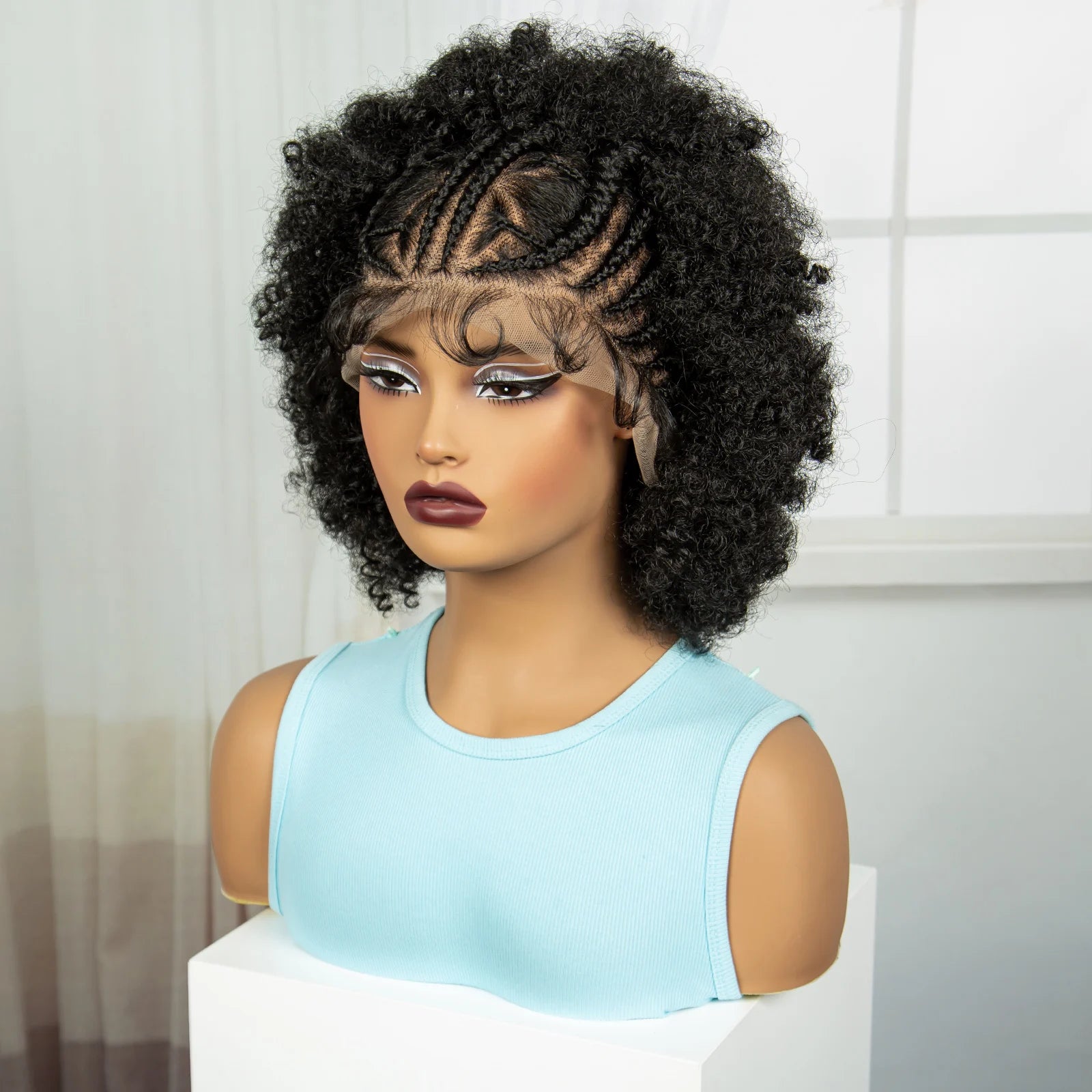 Short Natural Afro Kinky Curly Cornrow Braids Wig | Full Lace | Baby Hair Luxegan