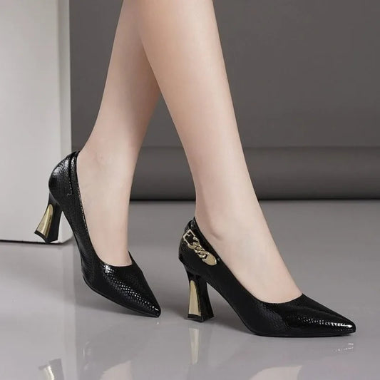 Wine Snakeskin Stiletto High Heels | Sophisticated Pointed Toe Women’s Pumps | Elegant "Handmade Snakeskin Pattern" Silhouette | "Dignified" Square Heel Stability for Radiant Versatile Styling Luxegan