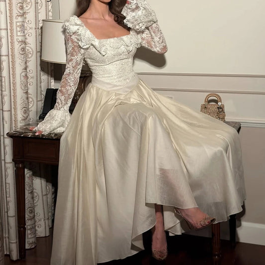 Lace Draped A-Line Prom Dress | Square Collar Full Sleeve Ankle-Length Evening Gown - view 2