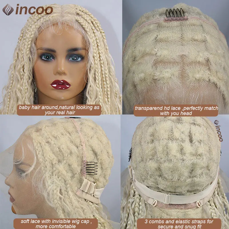 613 Blonde Boho Box Braids Wig | Curly Ends | Full Lace Front | Goddess Locs Accents Luxegan