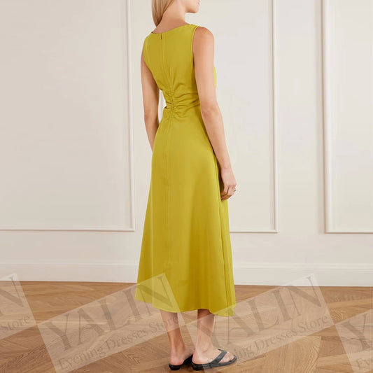 Draped A-Line Prom Dress | V-Neck Sleeveless Tea-Length Evening Gown Luxegan