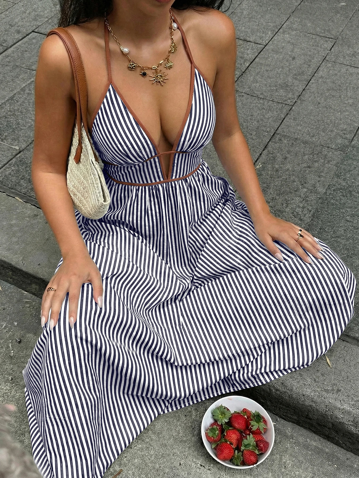 Deep V-Neck Halter Backless Striped Fit & Flare Maxi Dress | Sleeveless Sexy Beach Summer Dress Luxegan