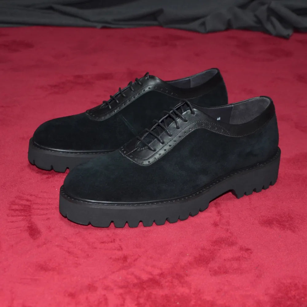 Designer Luxury Platform Oxfords for Men | Cow Suede Genuine Leather Black & Blue Casual Sneakers (Height Increasing) Luxegan