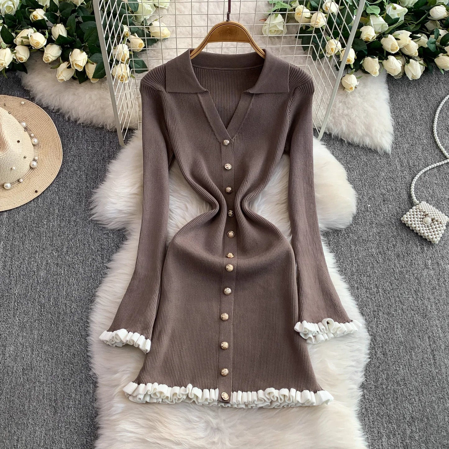 Slimming Knitted Mini Dress | Sophisticated Metal Buckle V-Neck Gown | Elegant "Bell Sleeve" Silhouette | "Dignified" High-Waist A-Line Skirt for Radiant Versatile Spring & Summer Styling Luxegan