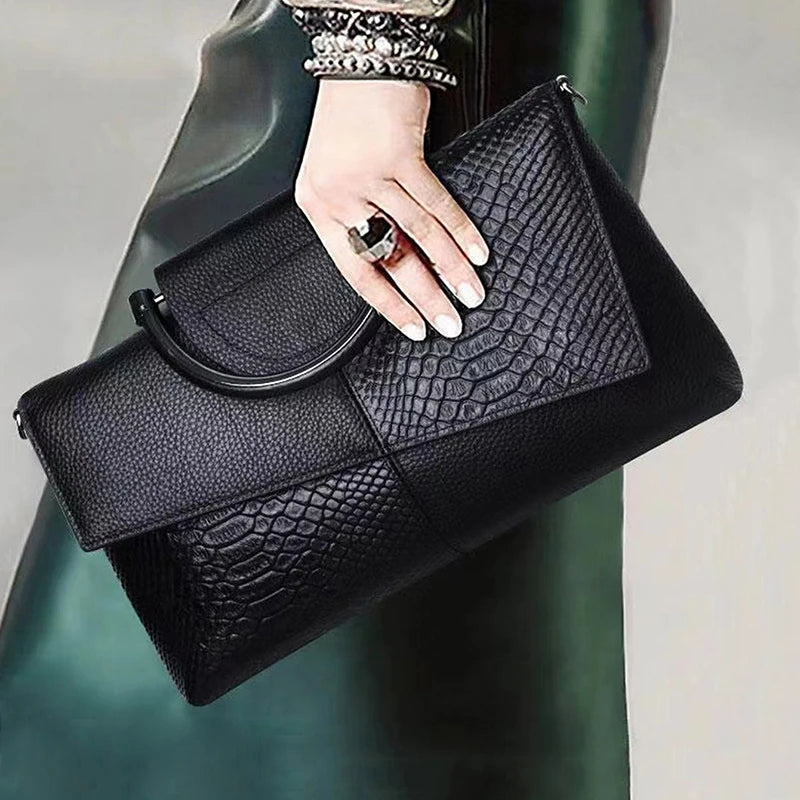 Women's Black PU Leather Shoulder Bag | Stone Print Chain Crossbody & Clutch Luxegan