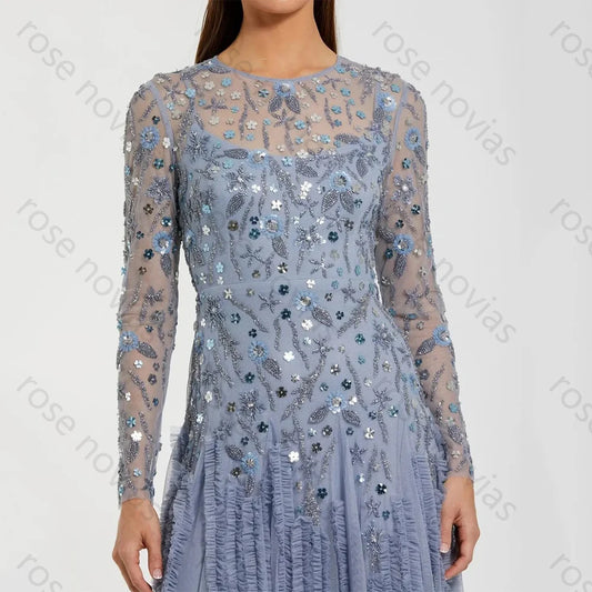 Women's High-Quality Gray Evening Dress | Elegant Scoop Neck Beaded Tulle Gown | Classic Floor-Length Formal Party Dress | Premium Tatting Full Sleeve A-Line Robe with Built-in Bra Luxegan