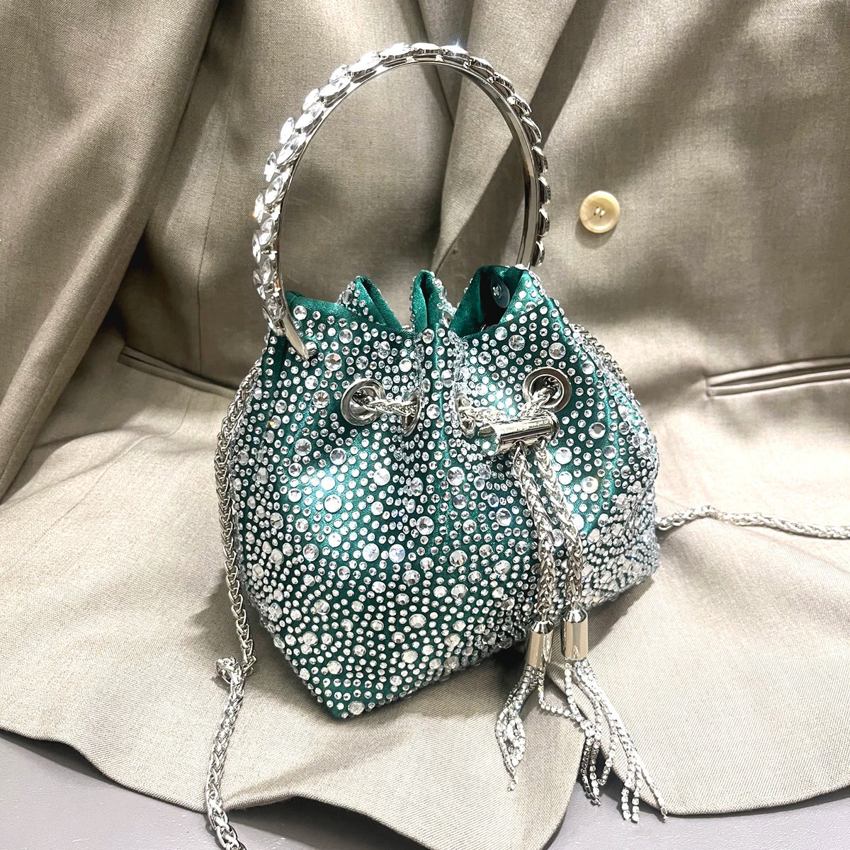 Luxury Designer Rhinestone Evening Clutch | Shiny Crystal Bucket Handbag & Fashion Shoulder Bag Luxegan