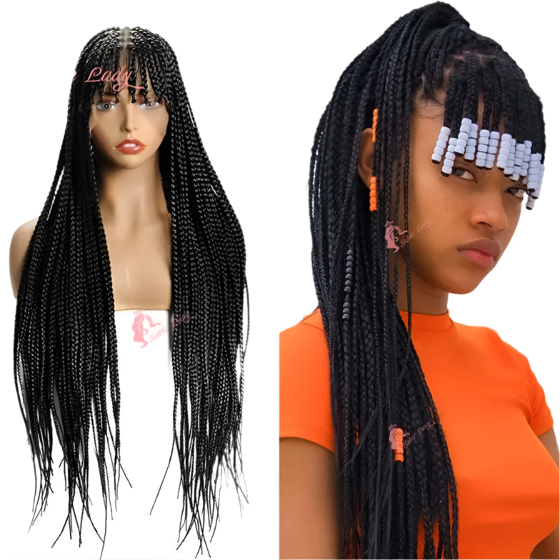 Box Braids Wig with Bangs | Full Lace Front | Twisted Knotless | Cornrow Accents | Synthetic Hair