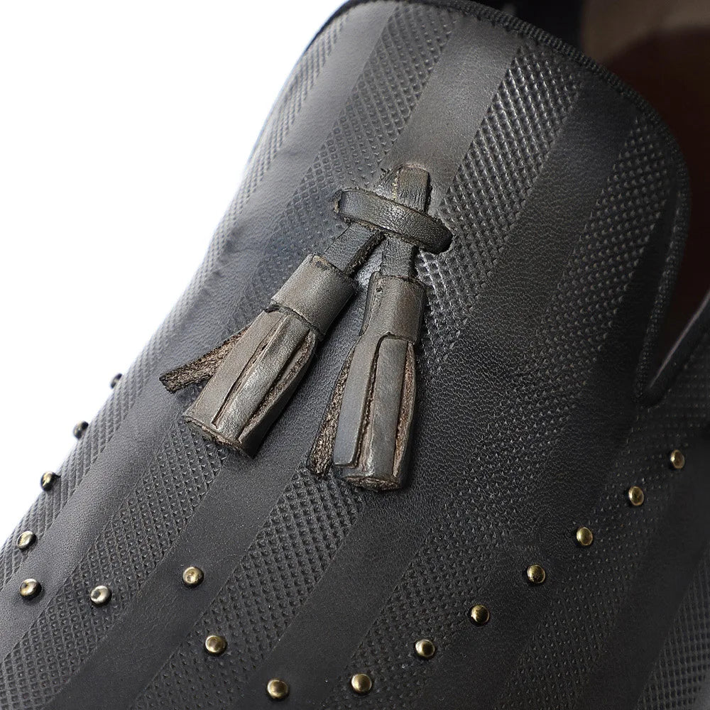 Top Grade Luxury Men's Genuine Leather Loafers | Original Stripe Rivets & Tassel Casual Flat Shoes Luxegan