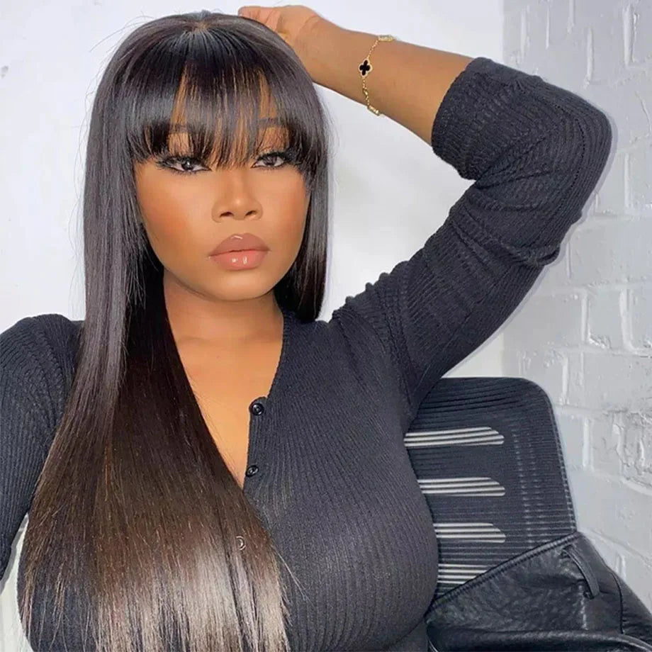 Long Straight Wig with Bangs | 30-32 Inch Brazilian Remy Hair | Middle Part Wig for Black Women