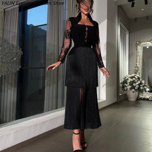 Lace Tassel Straight Evening Dress | High-Neck Full Sleeve Tea-Length Prom Gown - view 2