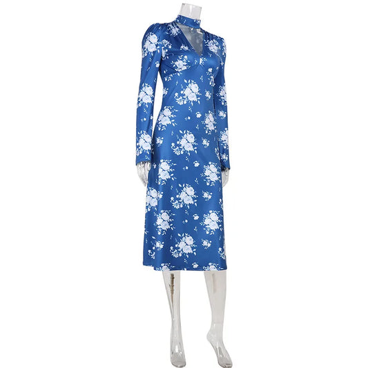 Printed V-Neck Bodycon Dress – Full Sleeve, Slim Fit, Ankle-Length Luxegan