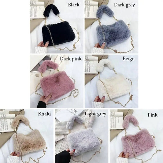 Fashion Women’s Fluffy Shoulder Bag | Sophisticated Winter Plush Underarm Bag | Elegant Solid Color Handbag with Chain Detail | Soft Handle Bag for Parties and Social Events Luxegan