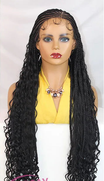 36" Cornrow Box Braids Wig with Curly Hair | Full Lace | Baby Hair Luxegan