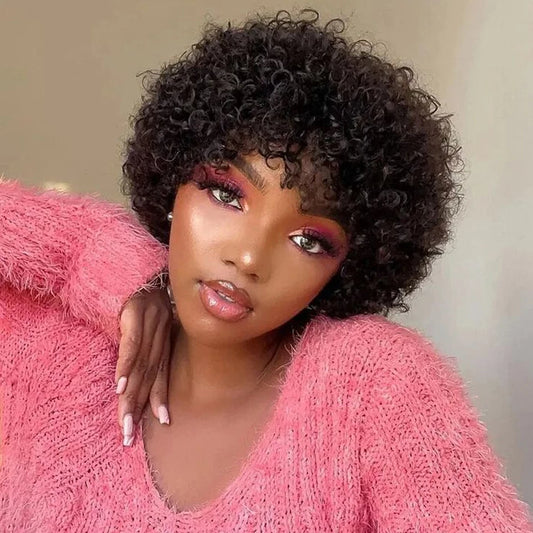 Sleek Short Pixie Afro Kinky Curly Human Hair Wig | Glueless Natural Brown Bob with Bangs Luxegan