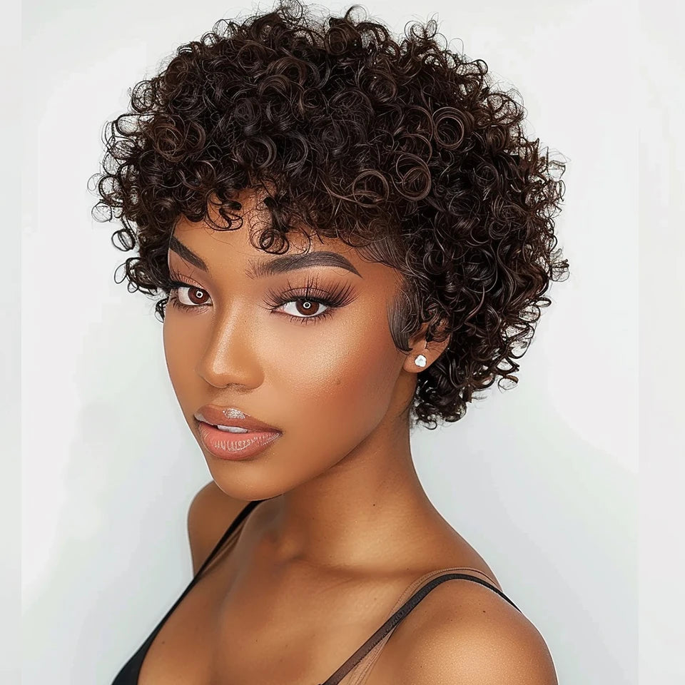 Natural Brown 99J Afro Kinky Curly Pixie Bob Wig | Full Machine Made Human Hair with Bangs Luxegan